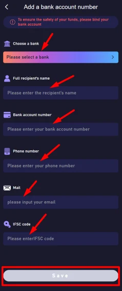 Jai Club add bank account screen with bank details form