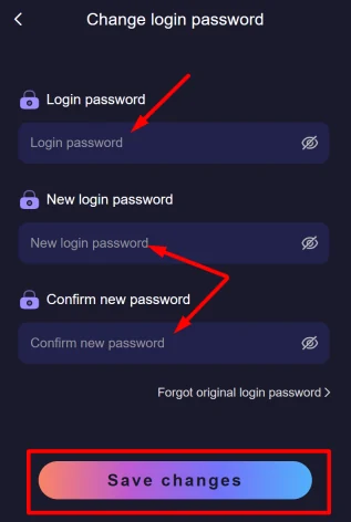 Jai Club change login password screen with current and new password fields