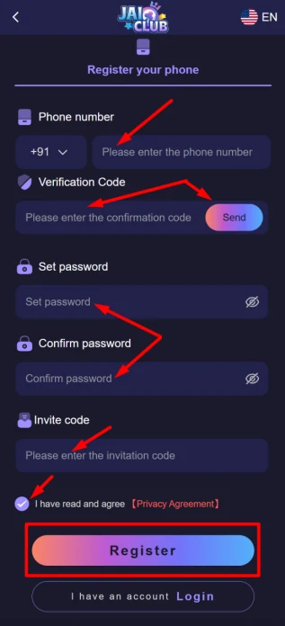 Jai Club register screen with phone number, verification code, password and invite code fields